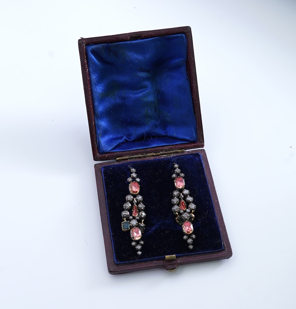 A pair of emerald, topaz and diamond earrings, 19th century